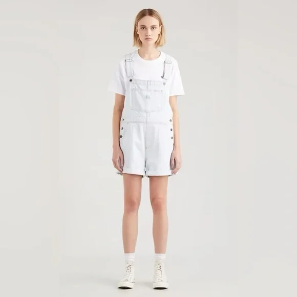 LEVI’S Vintage Style Denim Shortall NWT Stripey Blue Overall Shorts - Picture 6 of 9